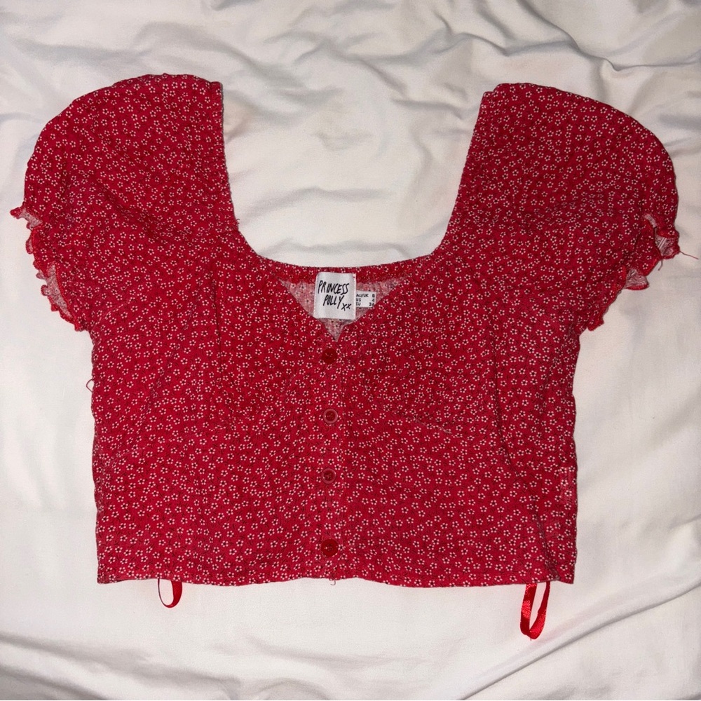 princess polly red floral cropped blouse
